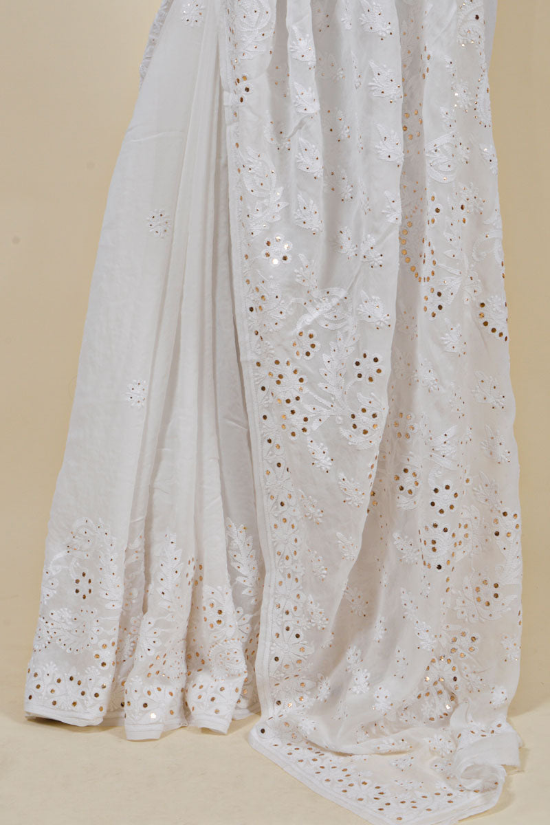 Fabnuma Handcrafted White Viscose Chikankari Saree-Mukesh Work - Fabnuma