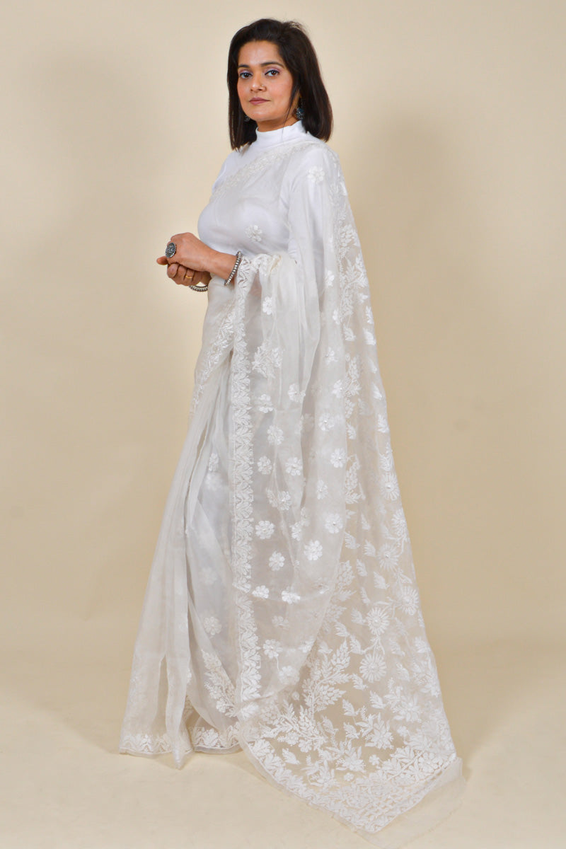 Fabnuma Handcrafted White Organza Chikankari Saree-Blouse - Fabnuma