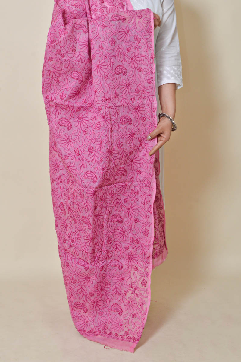 Fabnuma Handcrafted Pink Cotton Allover Chikankari Dupatta with intricate floral embroidery and delicate traditional design.