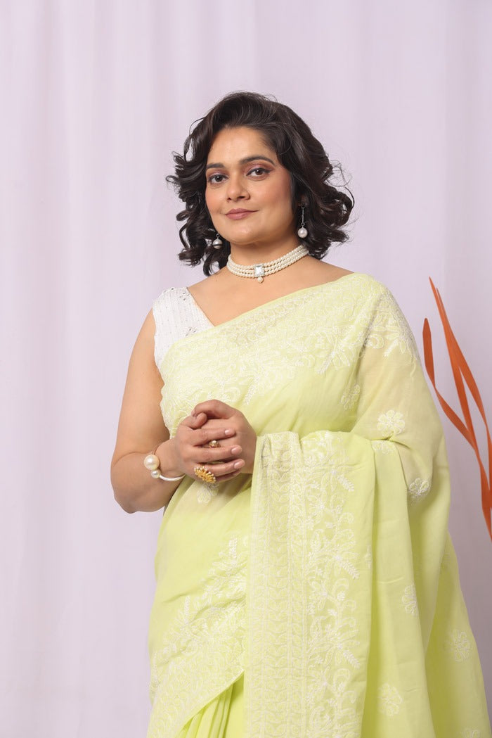 MeMaana Handcrafted Lemon Cotton Chikankari Saree-Blouse Fabnuma