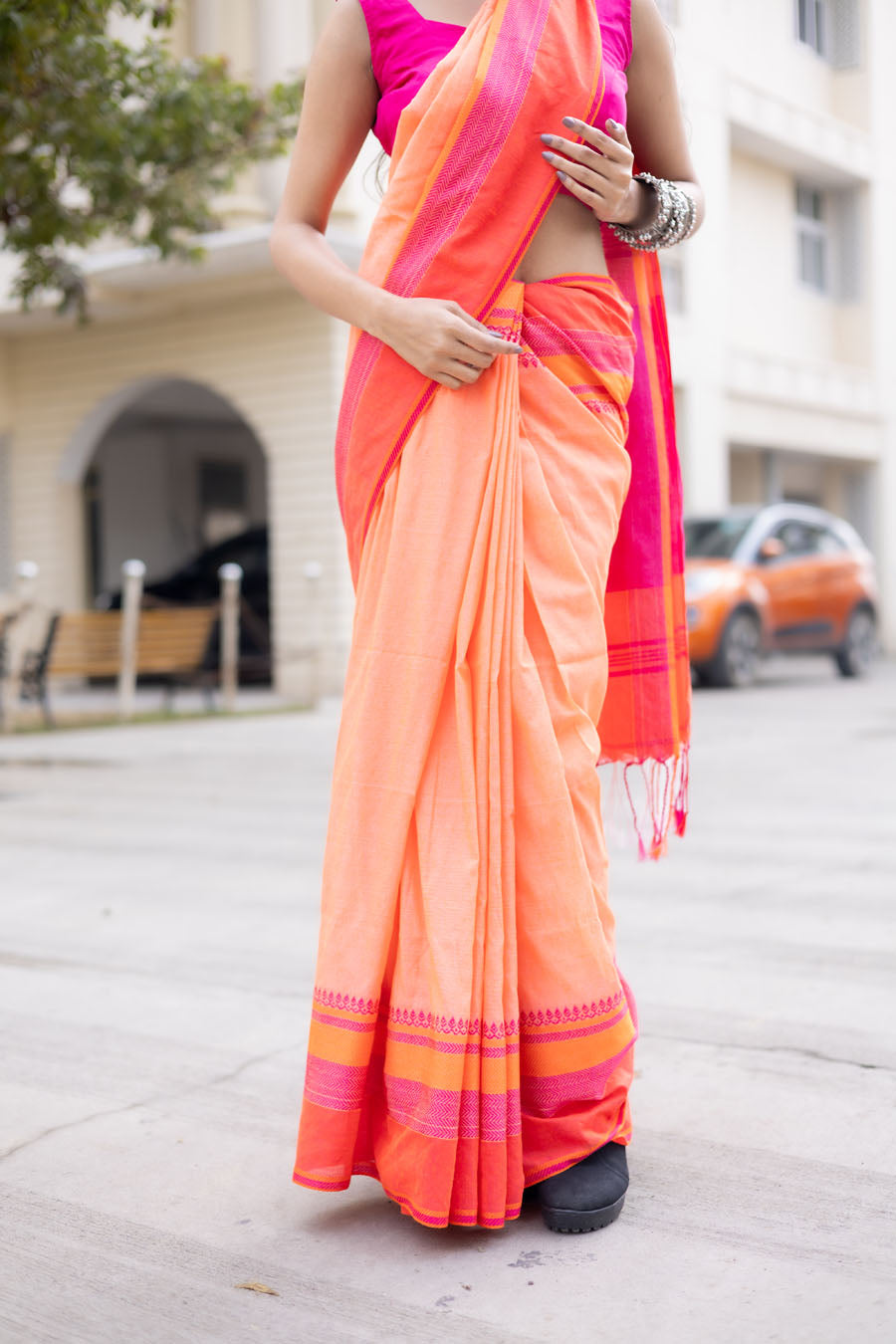 Peach Orange Saree with Pink Border – Contemporary Everyday Drape MeMaana