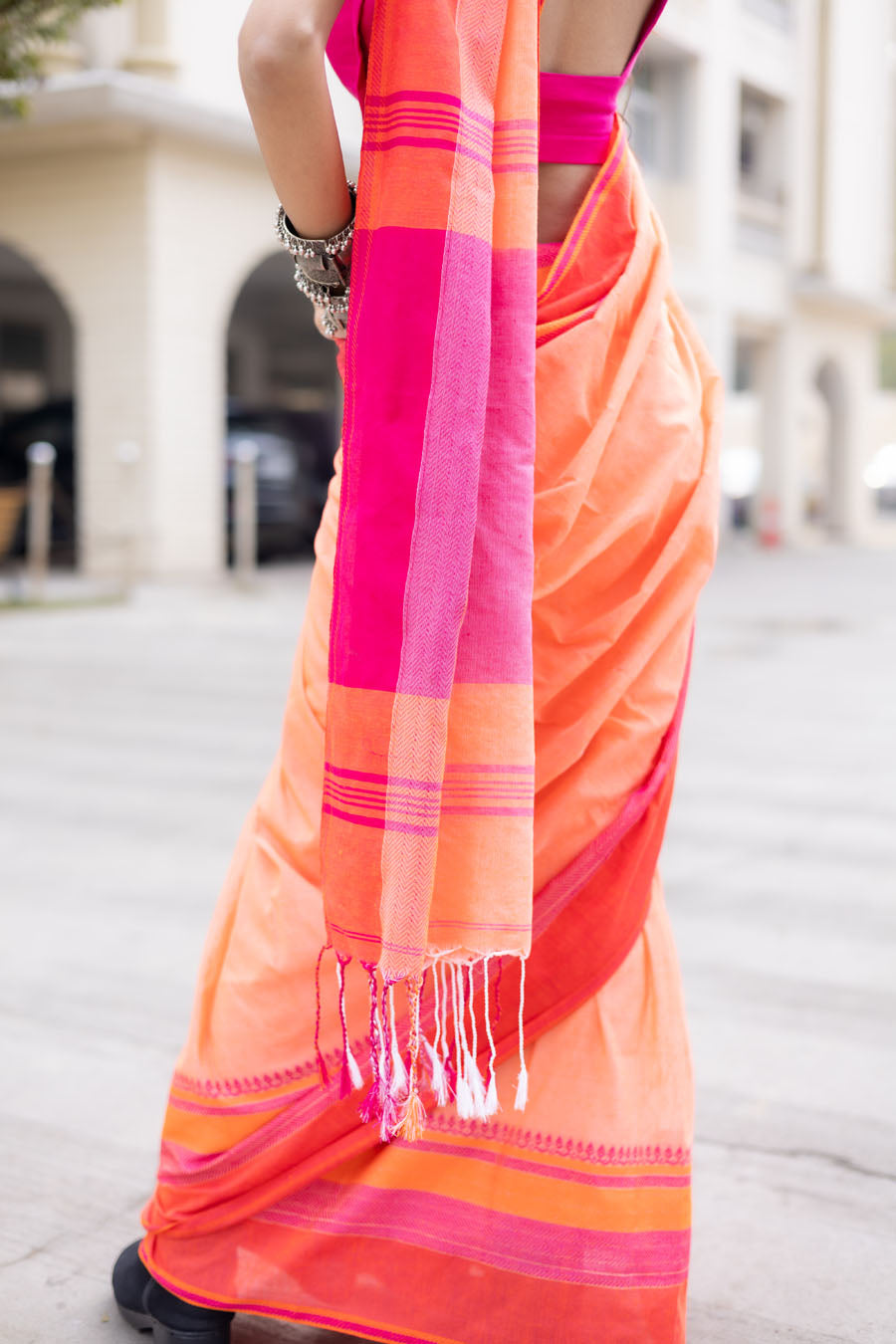 Peach Orange Saree with Pink Border – Contemporary Everyday Drape MeMaana