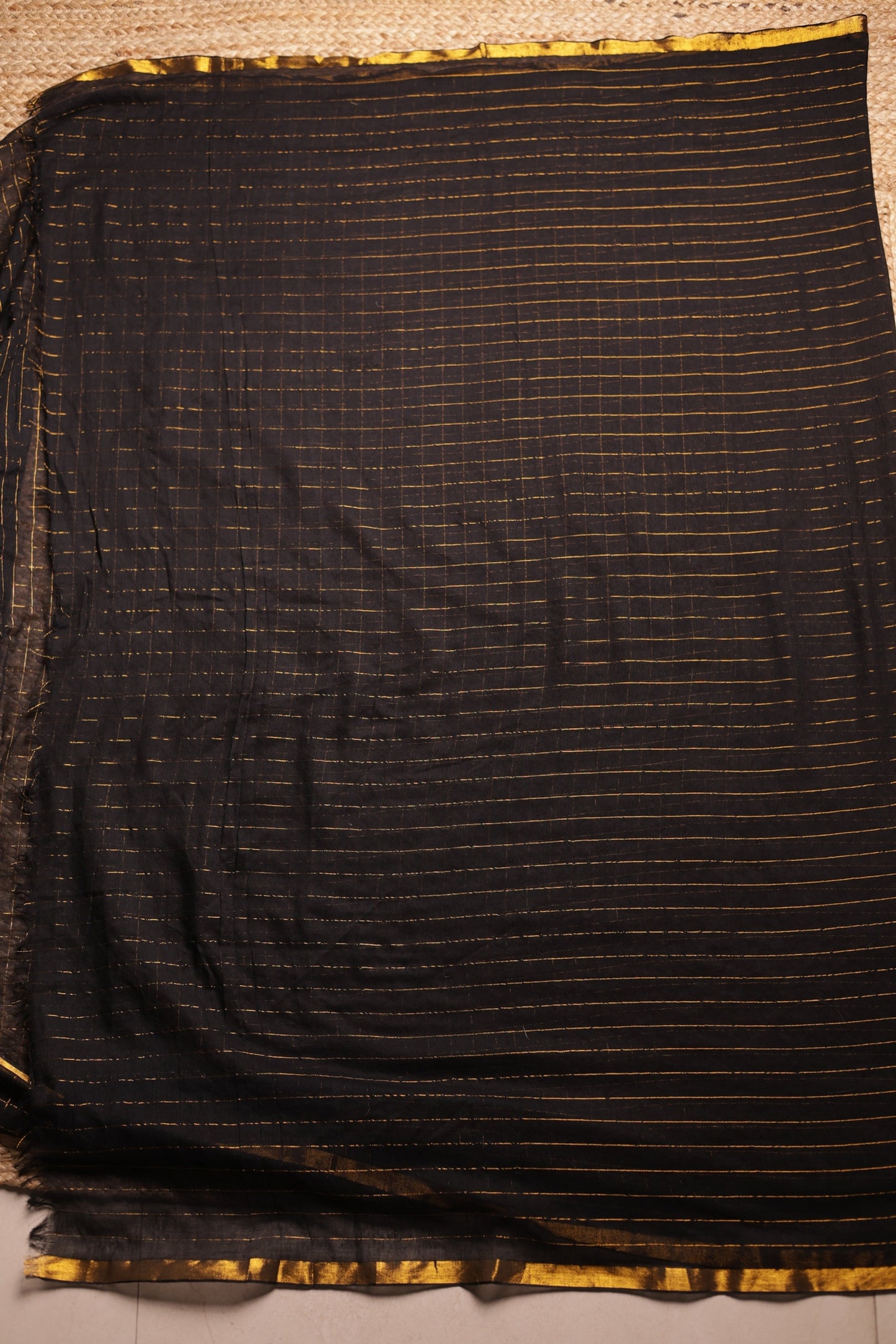 Black Bloom - Black & Gold Grid Pattern Designer Mul Cotton Saree with Modern Draped Style
