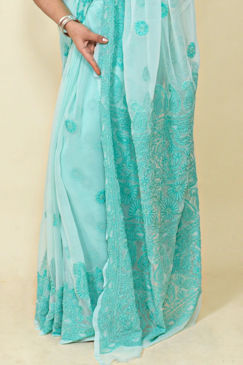 Fabnuma Handcrafted Aqua Green Georgette Chikankari Saree-Blouse - Fabnuma