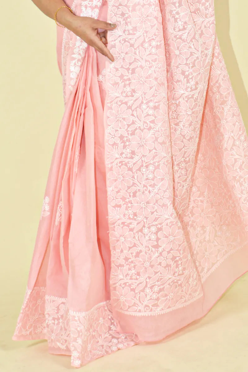 Fabnuma Handcrafted Peach Cotton Chikankari Saree-Blouse - Fabnuma
