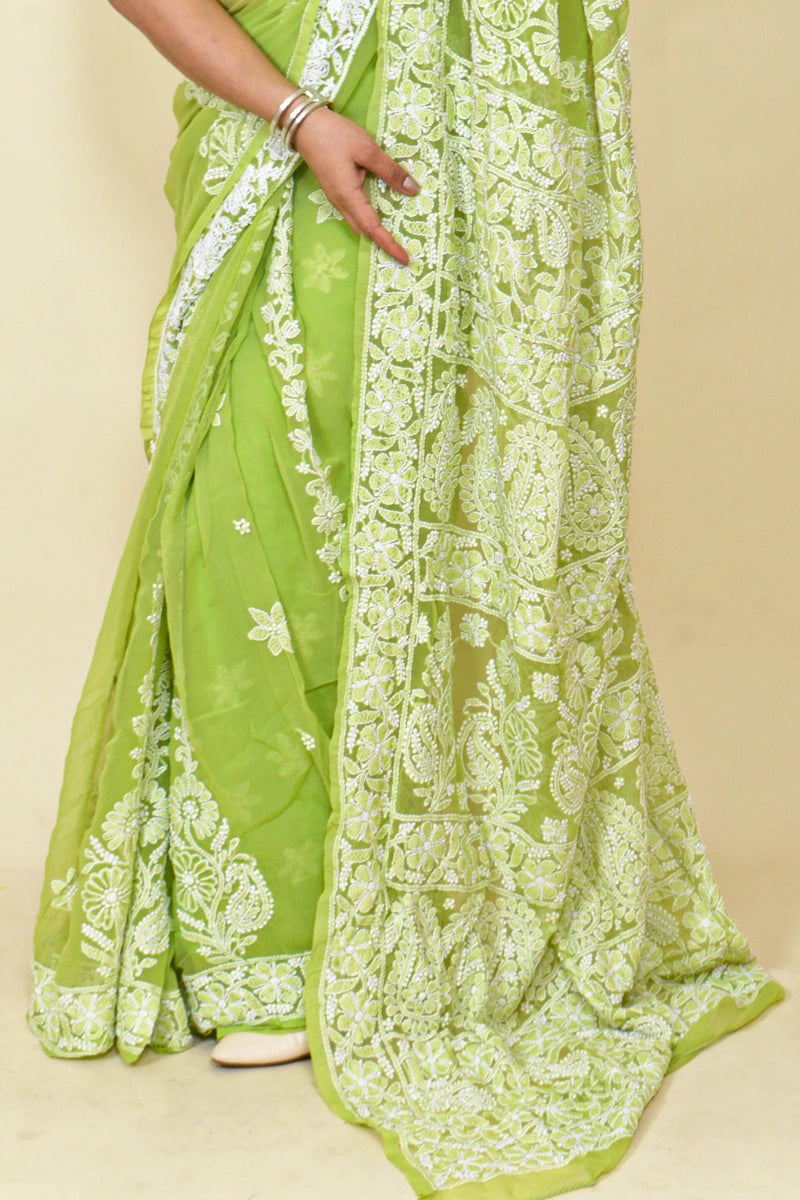 Fabnuma Handcrafted Green Georgette Chikankari Saree-Blouse - Fabnuma