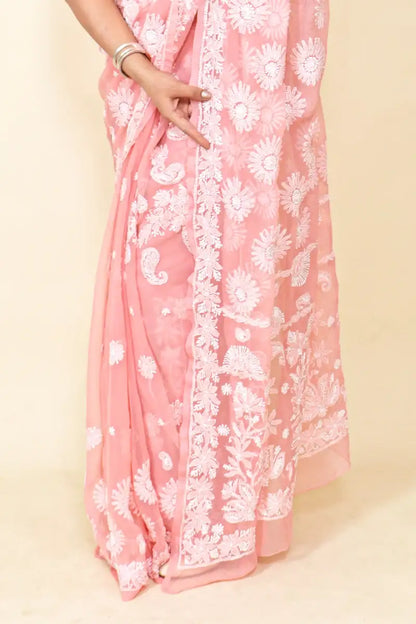 Fabnuma Handcrafted Peach Georgette Chikankari Saree-Blouse - Fabnuma