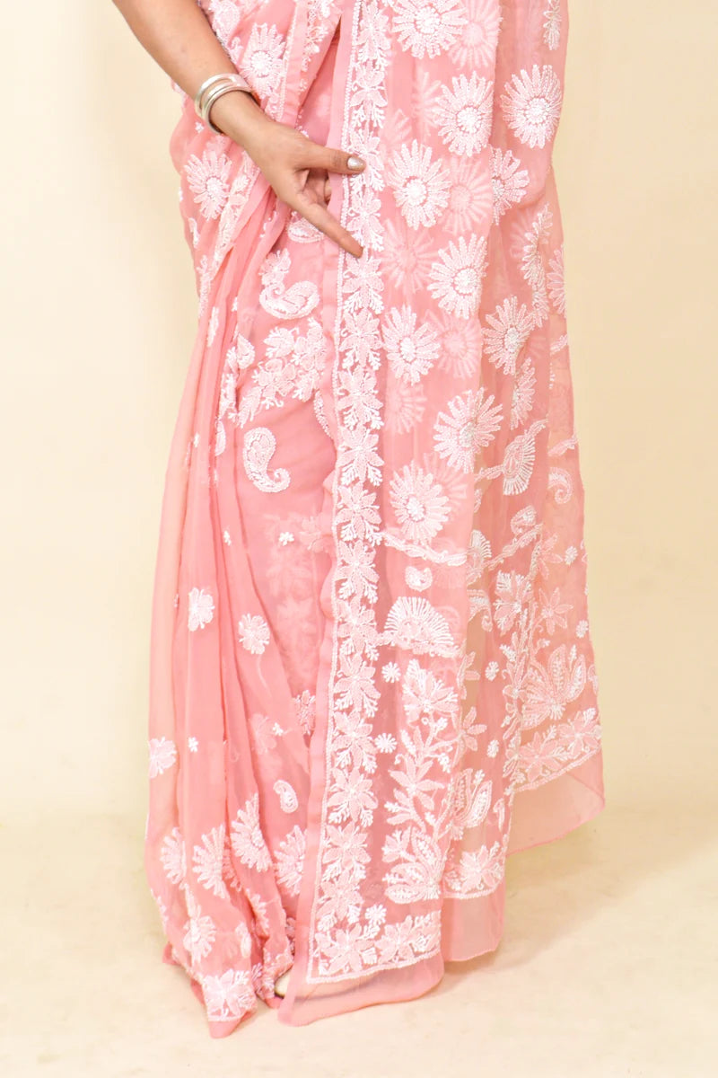 Fabnuma Handcrafted Peach Georgette Chikankari Saree-Blouse - Fabnuma