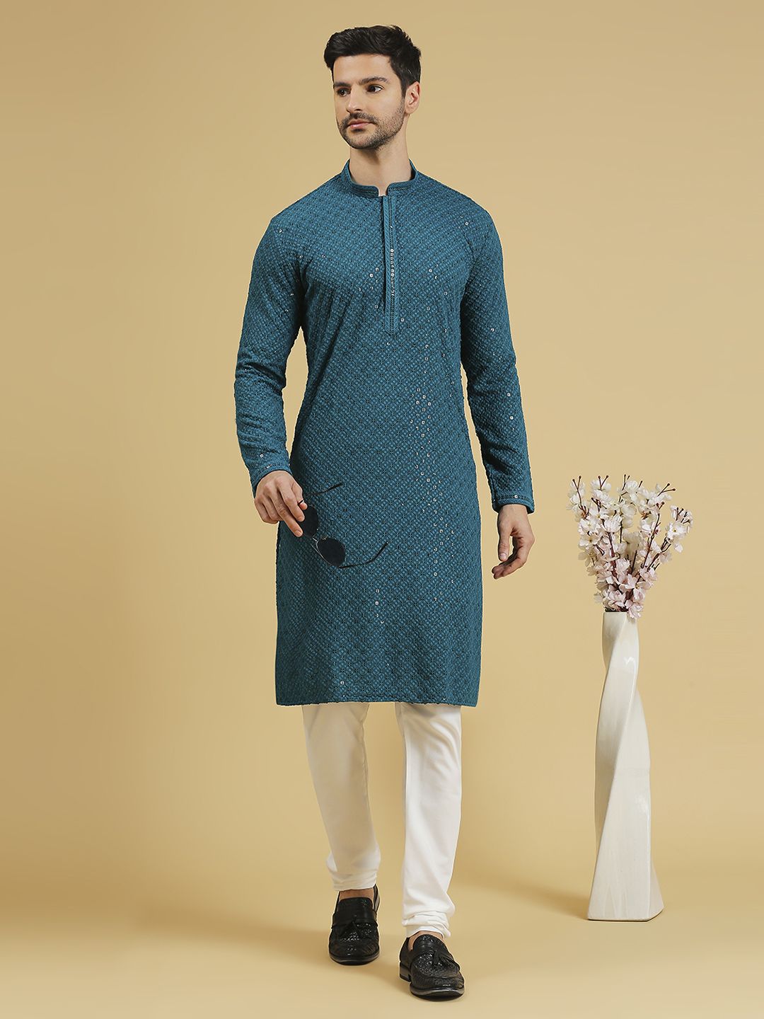 Fabnuma Handcrafted Blue Mens Chikankari Kurta - Fabnuma