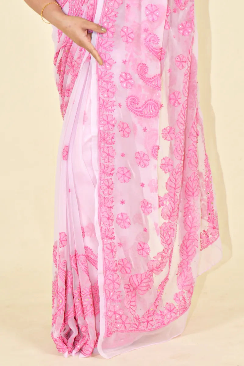 Fabnuma Handcrafted Pink Georgette With Mukaish Work Chikankari Saree-Blouse Fabnuma