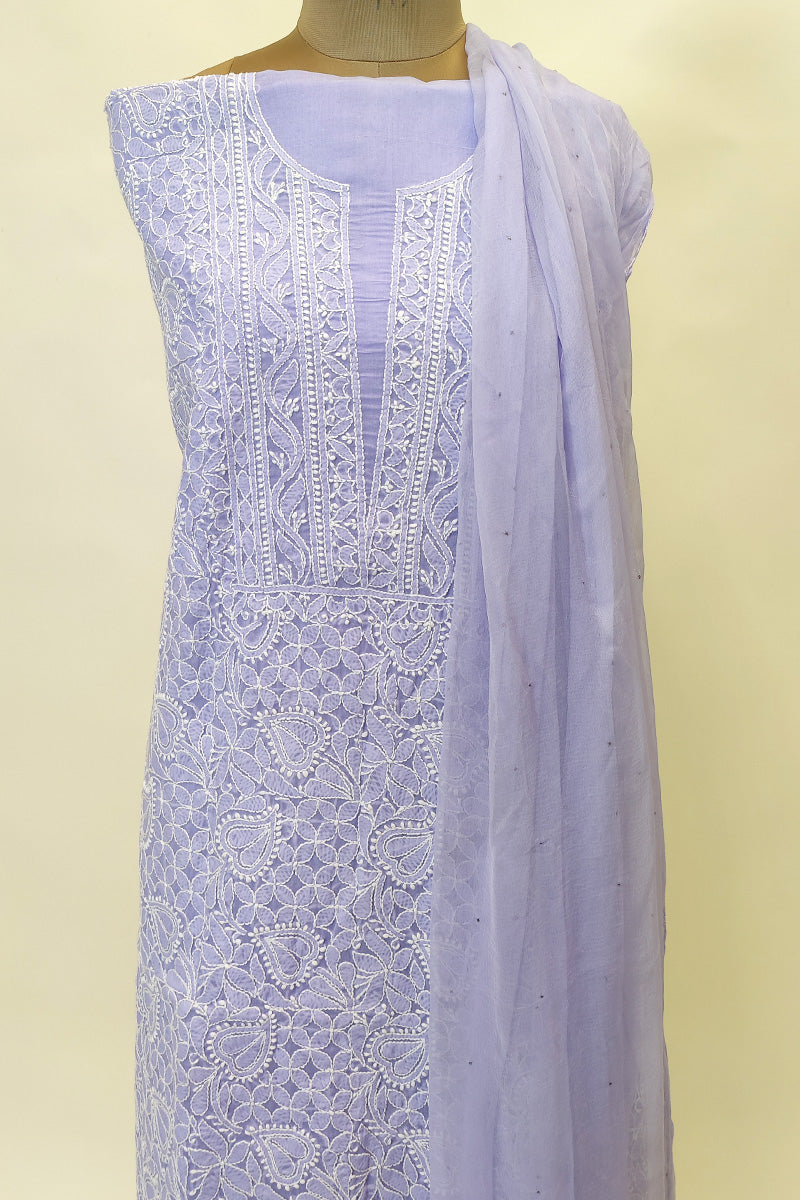 Fabnuma Handcrafted Lavender Cotton Chikankari 3Pcs Unstiched Suit Set - Fabnuma