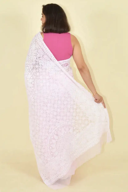 Fabnuma Handcrafted Pink Georgette Chikankari Saree-Blouse - Fabnuma