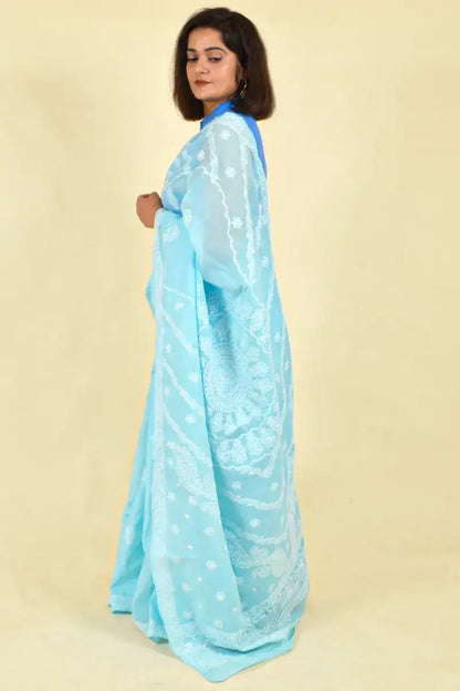 Fabnuma Handcrafted Sea Green Cotton Chikankari Saree-Blouse - Fabnuma