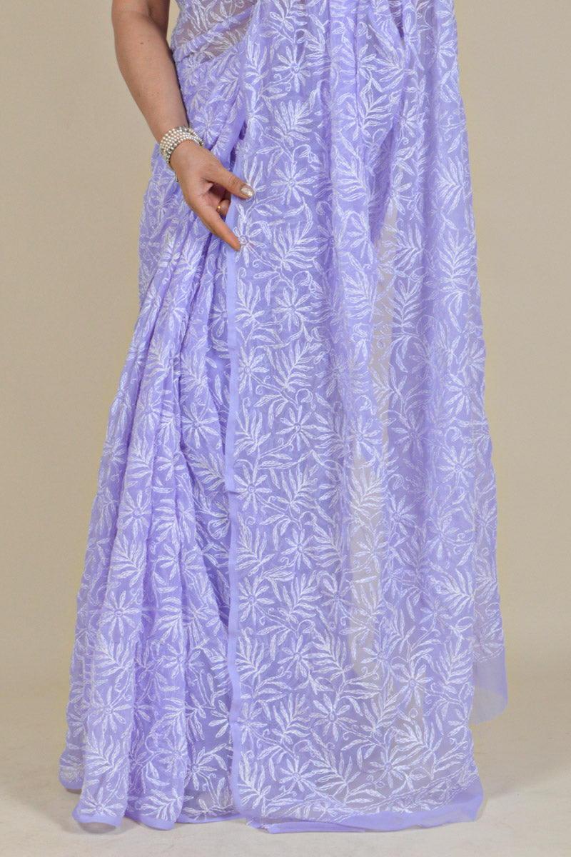 Fabnuma Handcrafted Lavender Georgette Tepchi Chikankari Saree-Blouse - Fabnuma