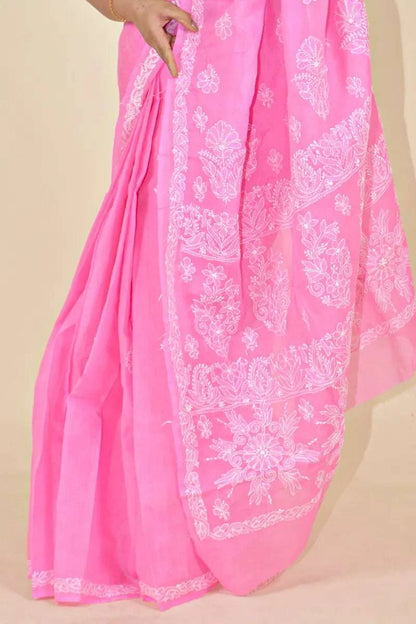 MeMaana Handcrafted Pink Cotton Chikankari Saree-Blouse MeMaana