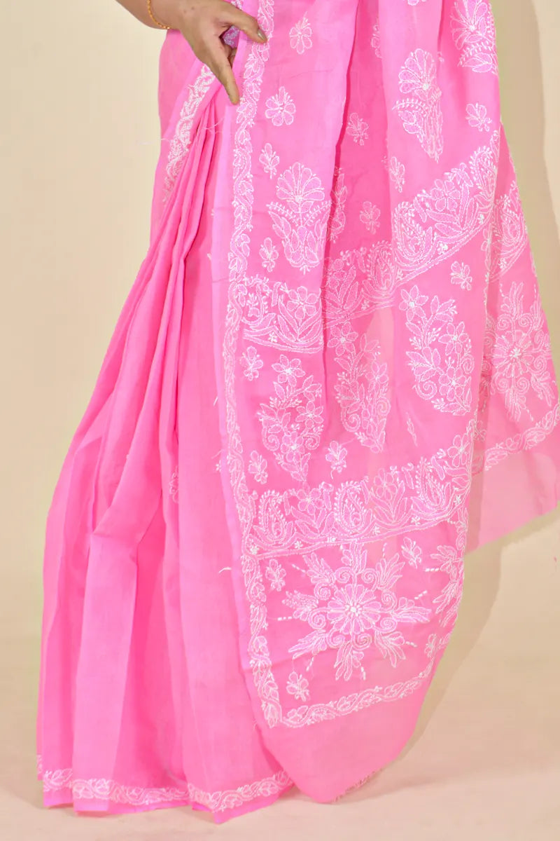 Fabnuma Handcrafted Pink Cotton Chikankari Saree-Blouse