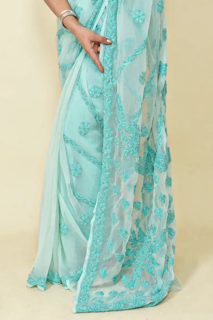 Fabnuma Handcrafted Sky Blue Georgette Chikankari Saree-Blouse - Fabnuma