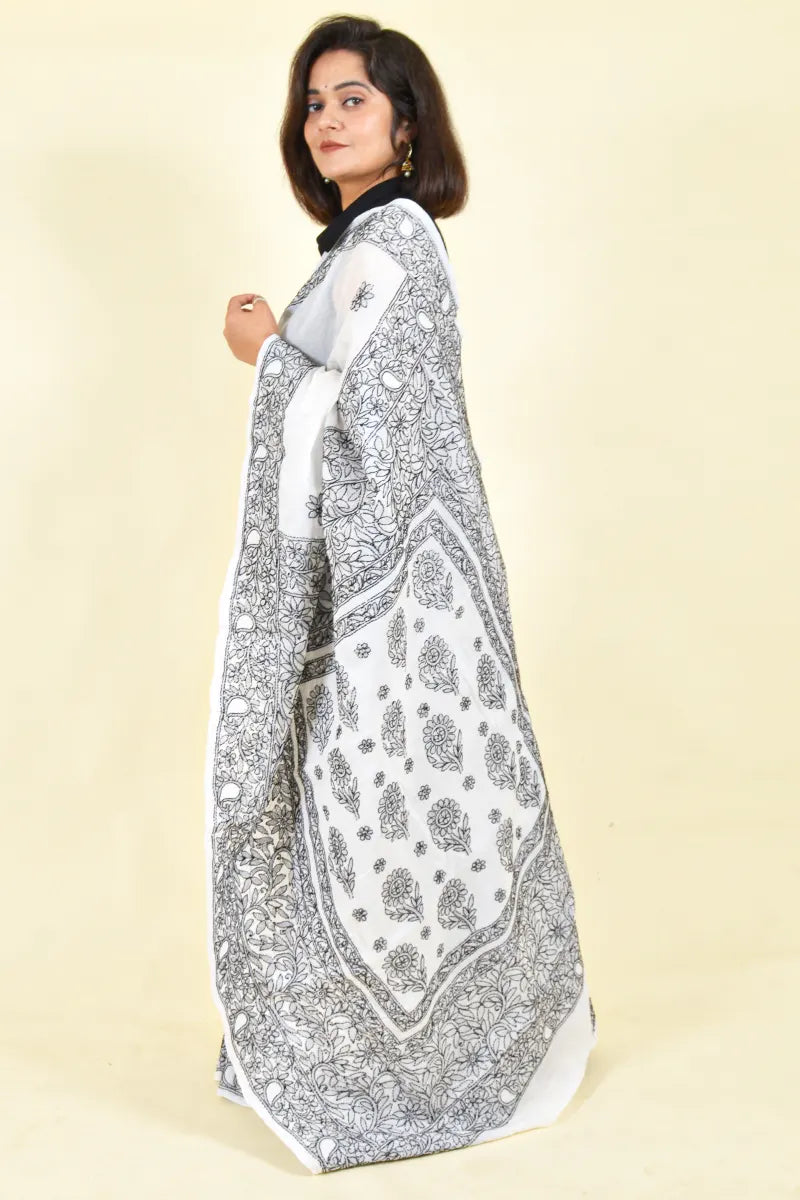 Fabnuma Handcrafted White Cotton Chikankari Saree-Blouse - Fabnuma
