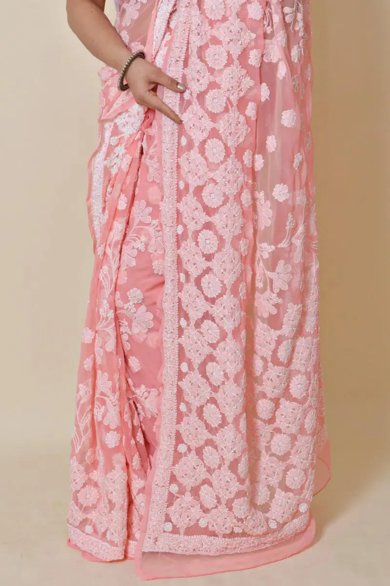 Fabnuma Handcrafted Peach Georgette Chikankari Saree-Blouse - Fabnuma