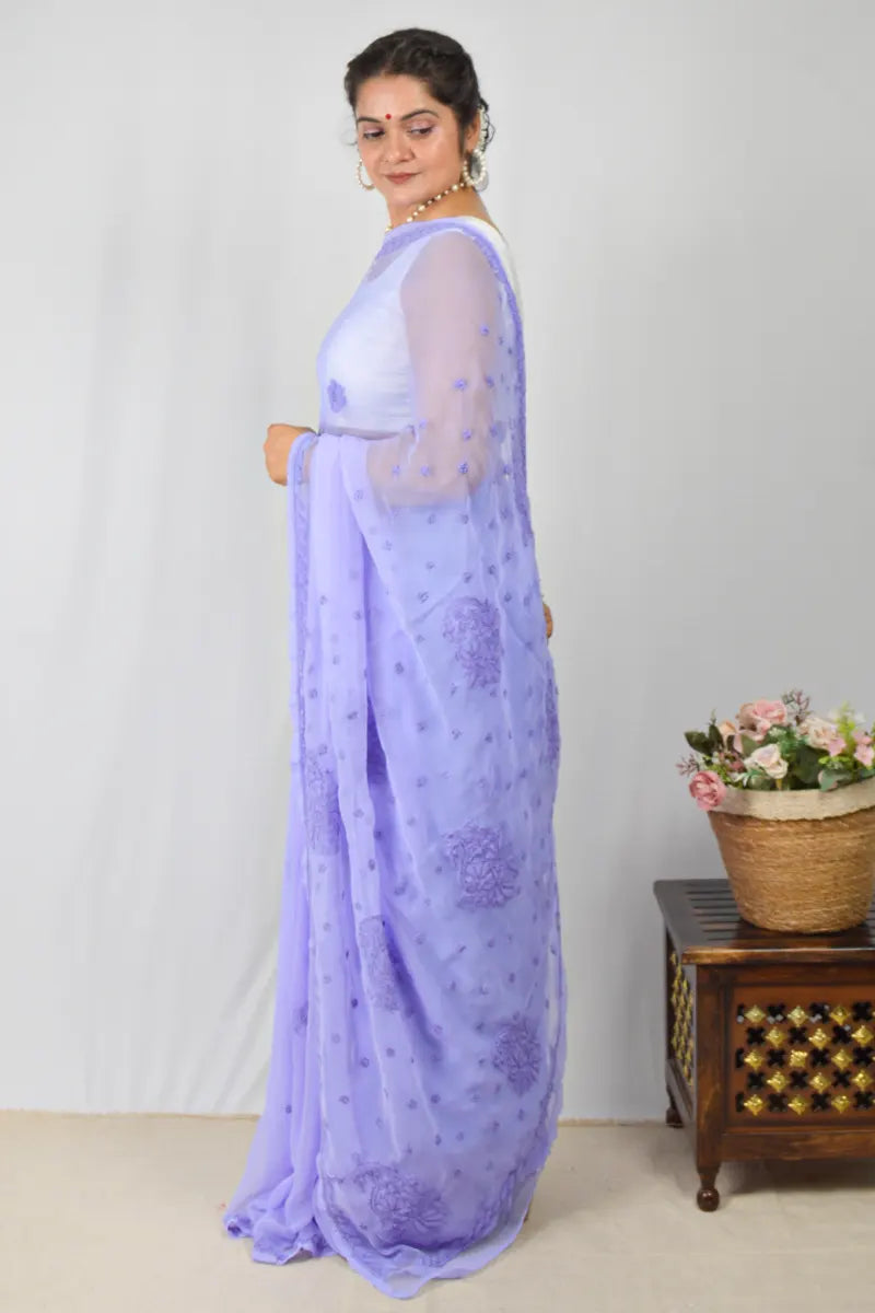 Lavender georgette saree with allover handcrafted Lucknowi Chikankari embroidery and matching blouse – ethnic elegance by MeMaana.
