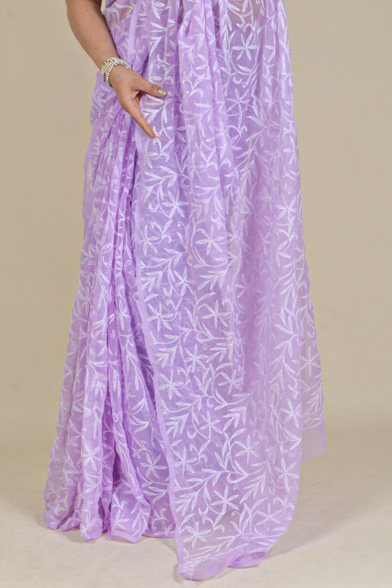 Fabnuma Handcrafted Lavender Georgette Tepchi Chikankari Saree-Blouse - Fabnuma