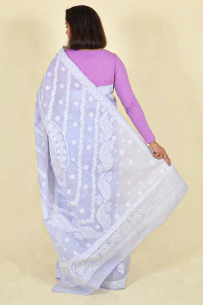 Fabnuma Handcrafted Lavender Cotton Chikankari Saree-Blouse - Fabnuma