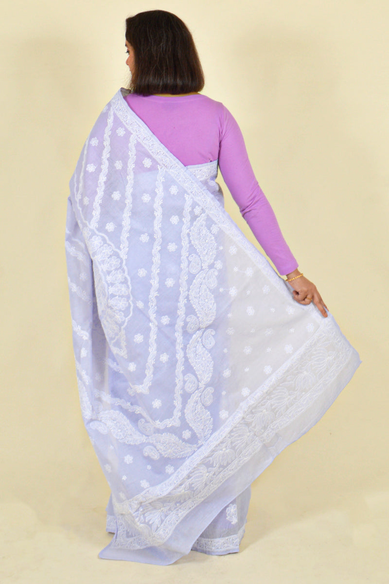 Fabnuma Handcrafted Lavender Cotton Chikankari Saree-Blouse - Fabnuma