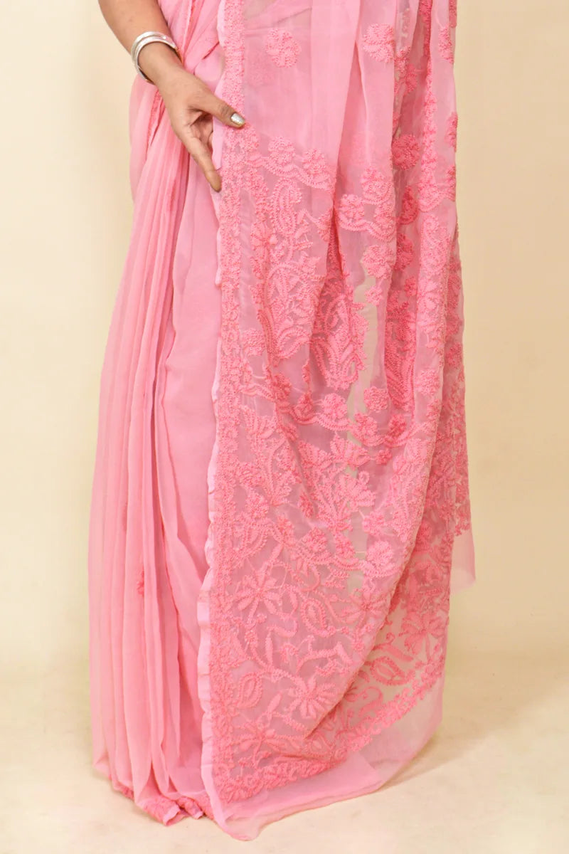Fabnuma Handcrafted Peach Georgette Chikankari Saree-Blouse - Fabnuma