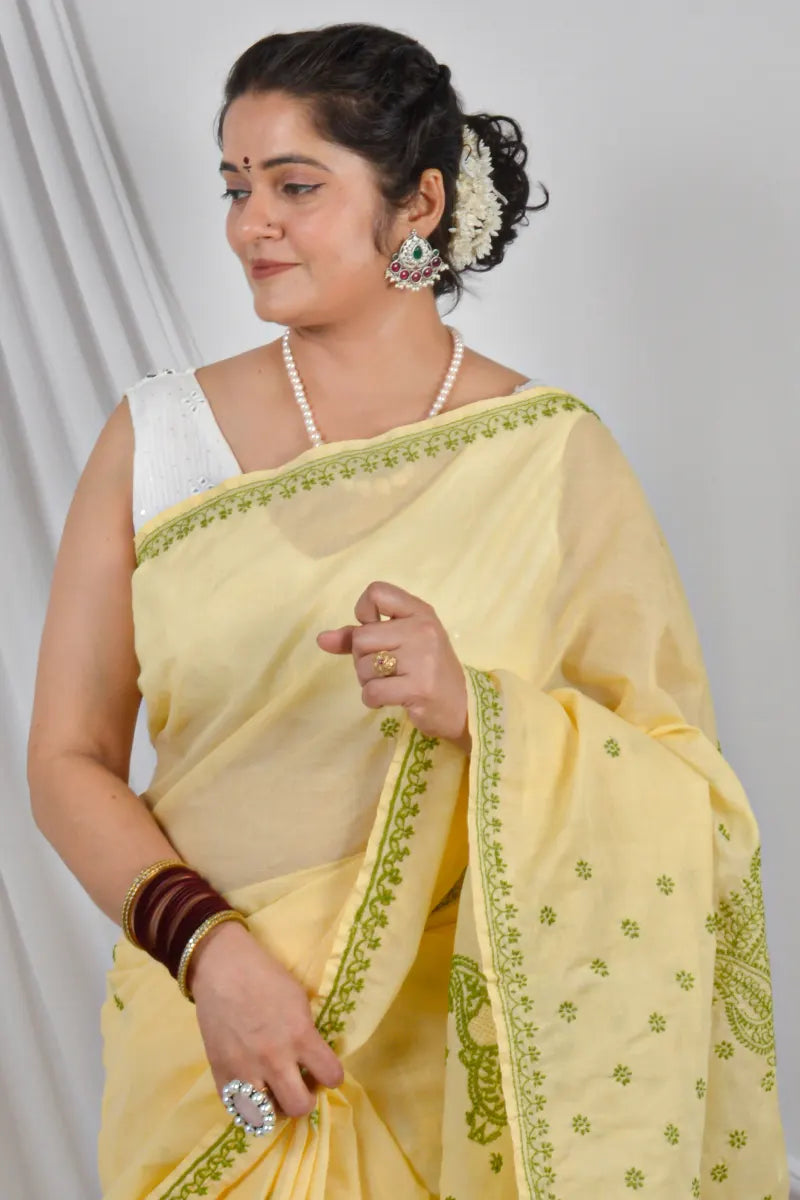 Handcrafted Yellow Cotton Saree with intricate Lucknowi Chikankari Embroidery and a matching Blouse, ideal for Festive and  occasions.