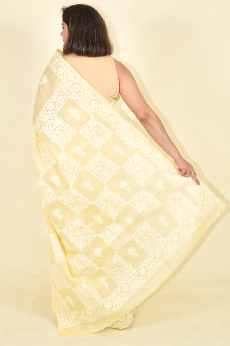 Fabnuma Handcrafted Fawn Cotton Chikankari Saree-Blouse - Fabnuma