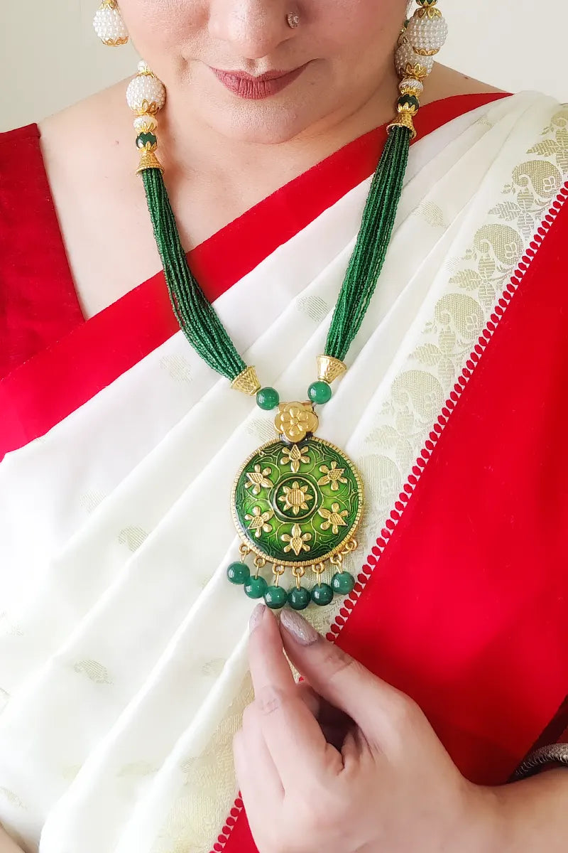 Fabnuma Handcrafted Green Golden Oxidize Plated Pendant Neckpiece & Dangle Earrings - Fabnuma