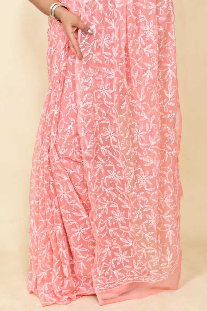 Fabnuma Handcrafted Peach Georgette Chikankari Tepchi Saree-Blouse - Fabnuma