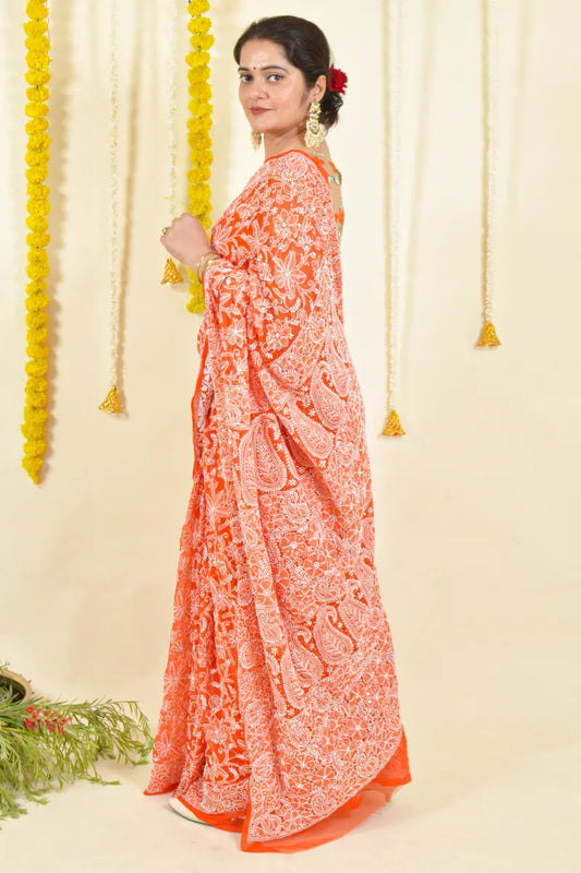 Fabnuma Handcrafted Orange Georgette Chikankari Saree-Blouse Fabnuma