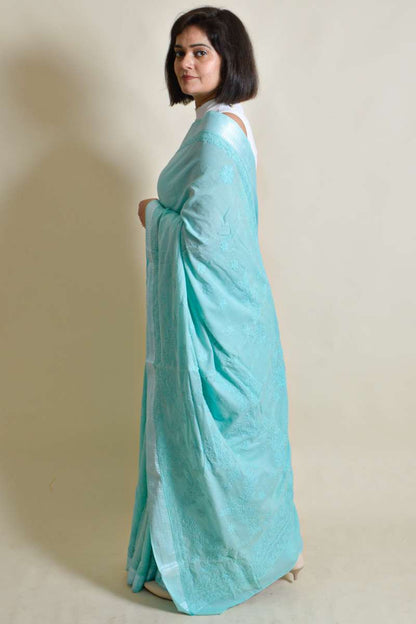 Fabnuma Handcrafted Sea Green Mulmul Cotton Chikankari Saree-Blouse - Fabnuma