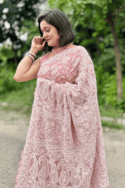 MeMaana Handcrafted Peach Georgette Gotapatti Chikankari Saree-Blouse