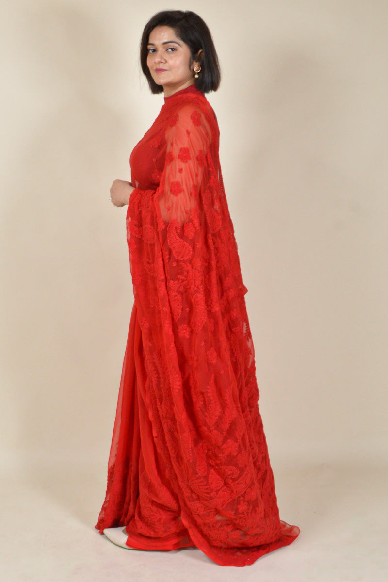 Fabnuma Handcrafted Red Georgette Chikankari Saree-Blouse - Fabnuma