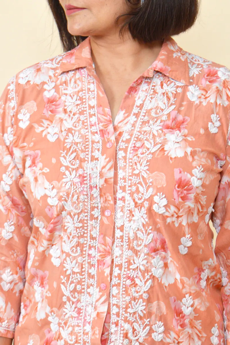 Fabnuma Handcrafted Orange Chikankari Rayon Cord Set - Fabnuma