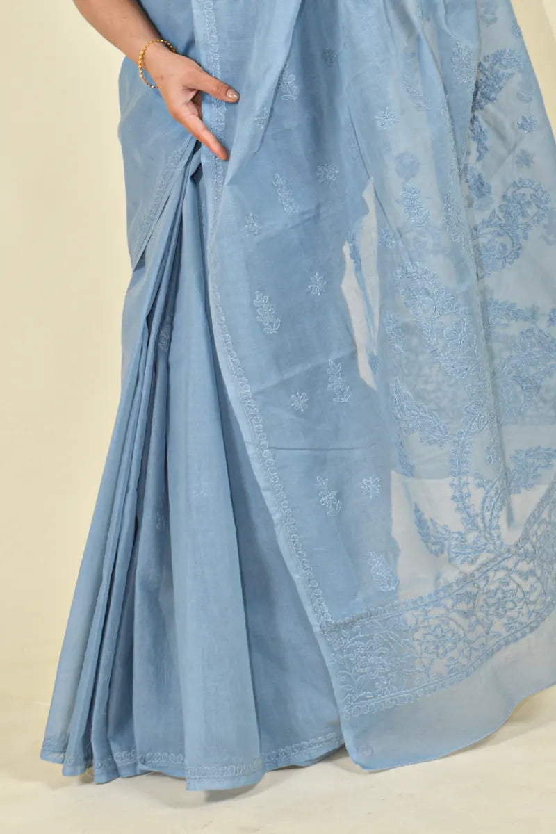 Fabnuma Handcrafted Gray Cotton Chikankari Saree-Blouse
