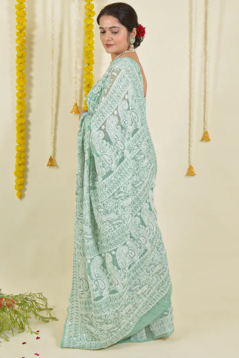Fabnuma Handcrafted Pista Green Georgette Chikankari Saree-Blouse - Fabnuma