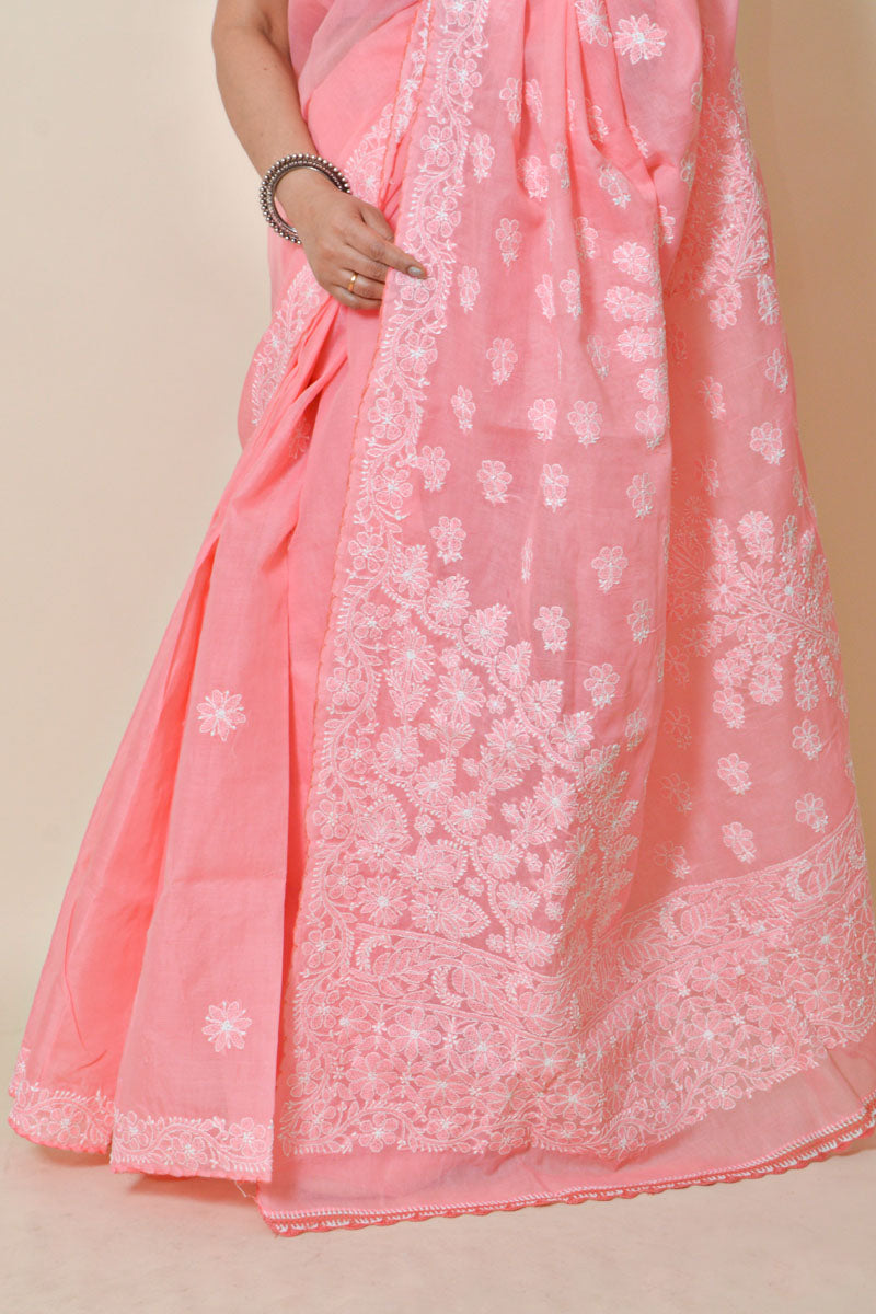 Fabnuma Handcrafted Peach Chikankari Cotton Saree-Blouse - Fabnuma