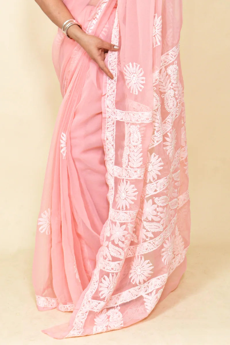 Fabnuma Handcrafted Peach Georgette Chikankari Saree-Blouse - Fabnuma