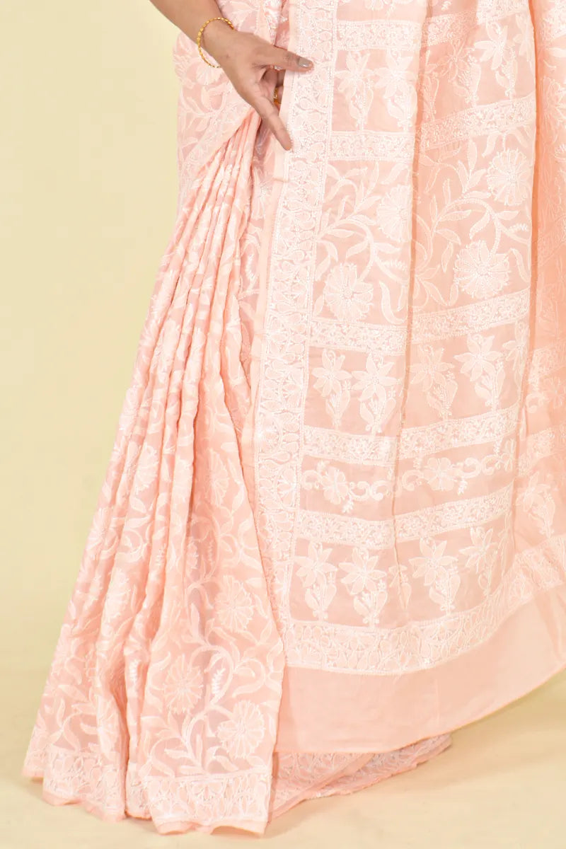 MeMaana Handcrafted Peach Cotton Chikankari Saree-Blouse MeMaana