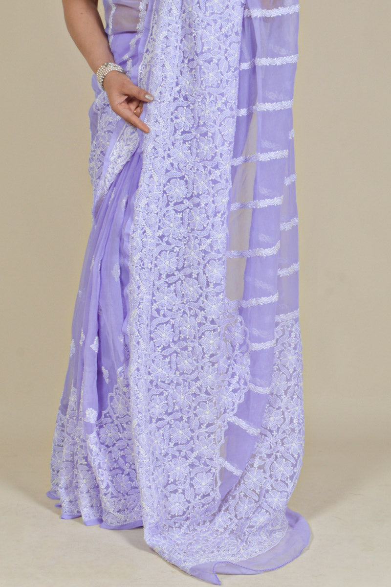 Fabnuma Handcrafted Lavender Georgette Chikankari Saree-Blouse - Fabnuma