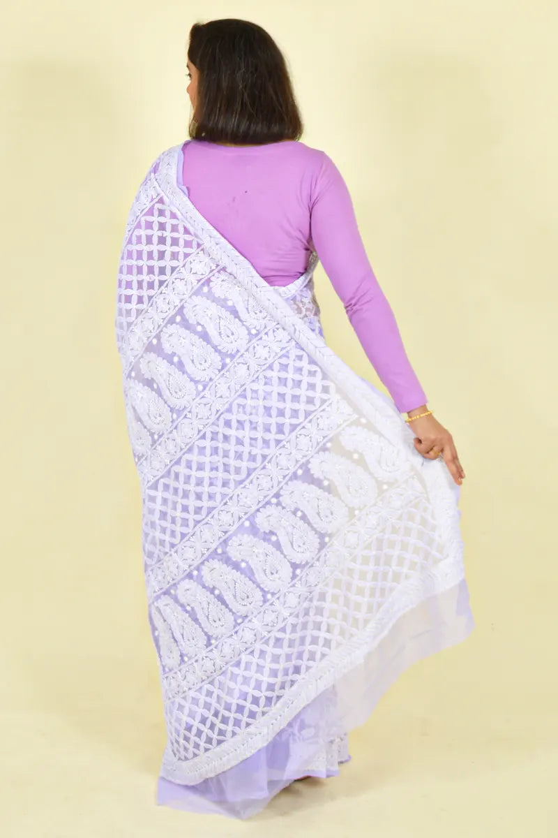 Fabnuma Handcrafted Lavender Georgette Chikankari Saree-Blouse - Fabnuma