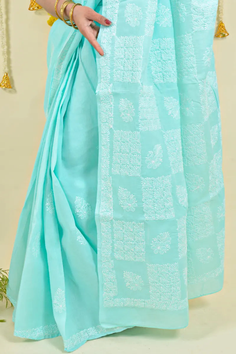 Fabnuma Handcrafted Sea Green Cotton Chikankari Saree-Blouse - Fabnuma