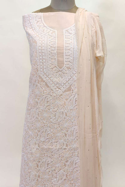 Fabnuma Handcrafted Peach Cotton Chikankari 3Pcs Unstiched Suit Set - Fabnuma