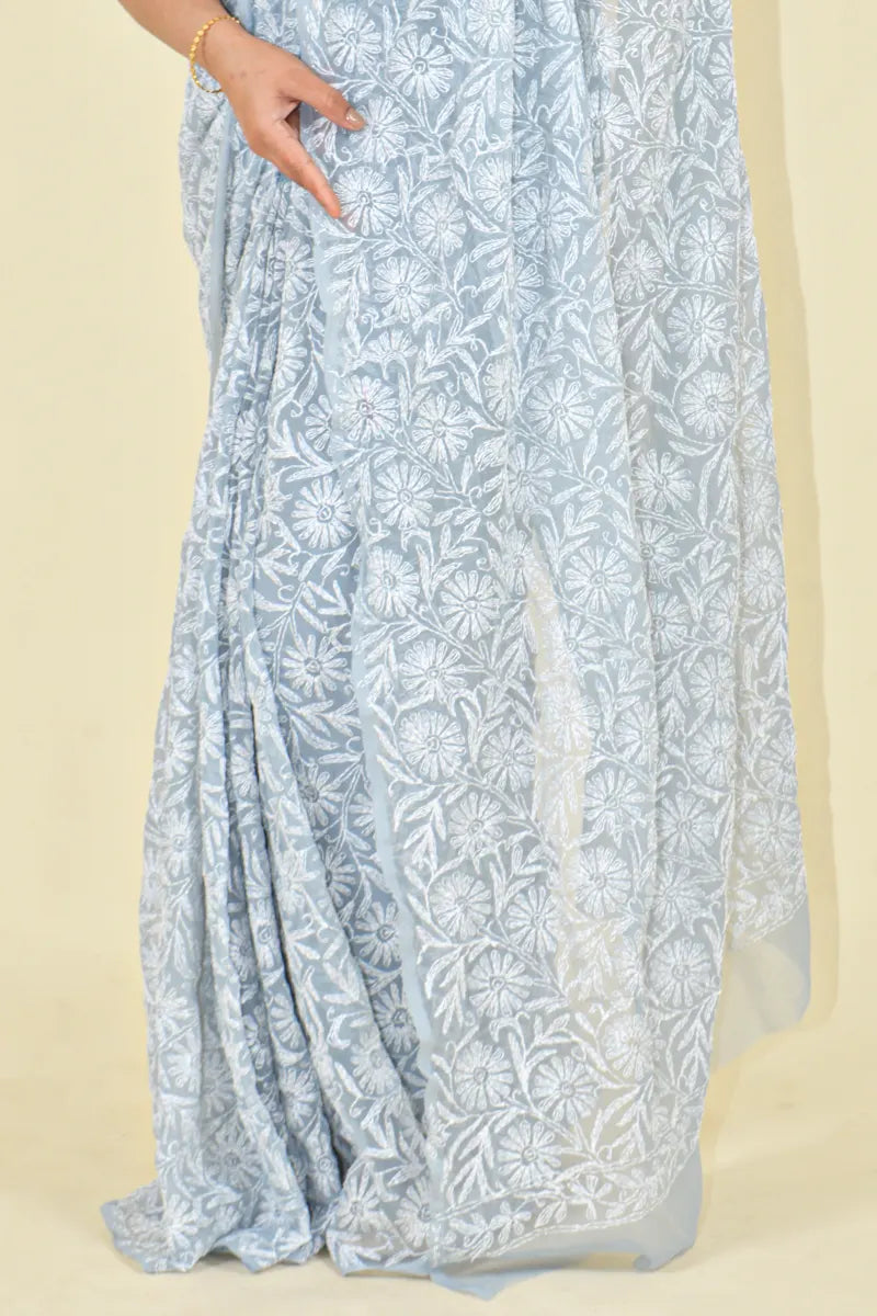 Fabnuma Handcrafted Gray Tepchi Georgette Chikankari Saree-Blouse Fabnuma