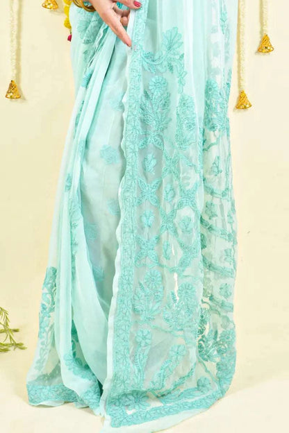 MeMaana Handcrafted Sea Green Georgette Chikankari Saree-Blouse MeMaana