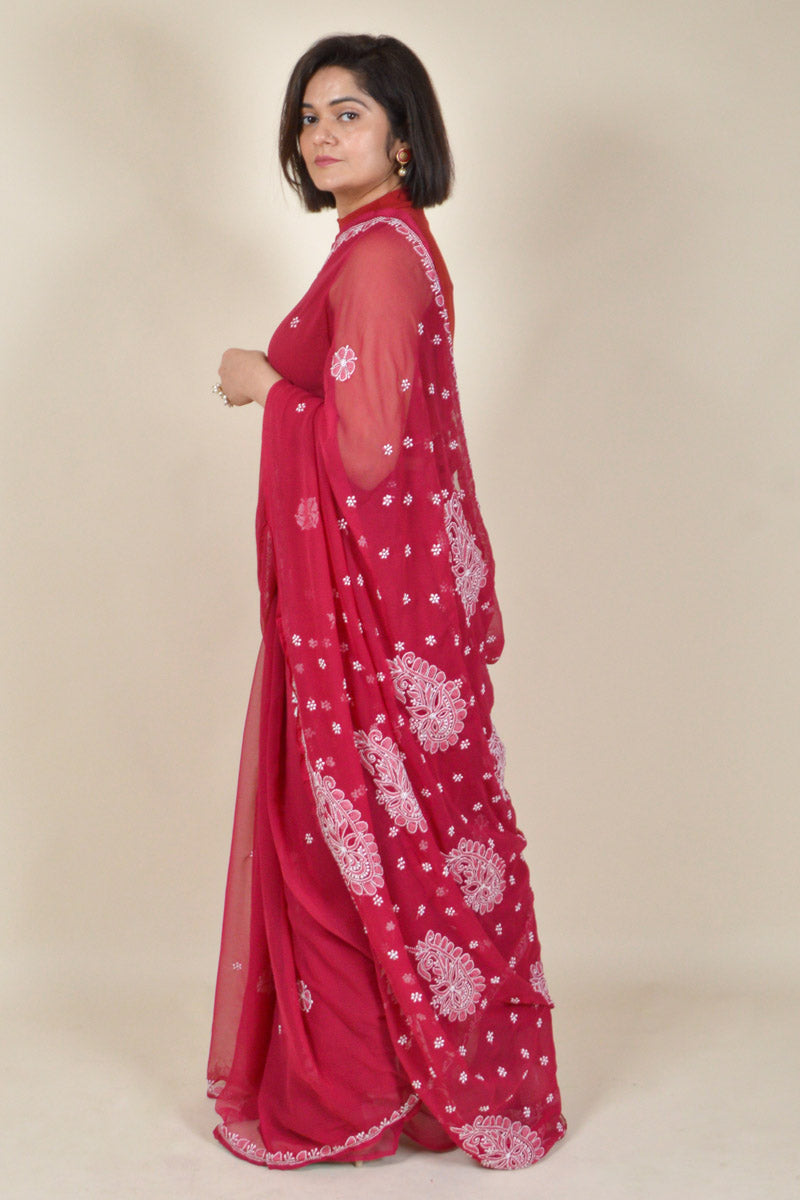 Fabnuma Handcrafted Red Georgette Chikankari Saree-Blouse - Fabnuma