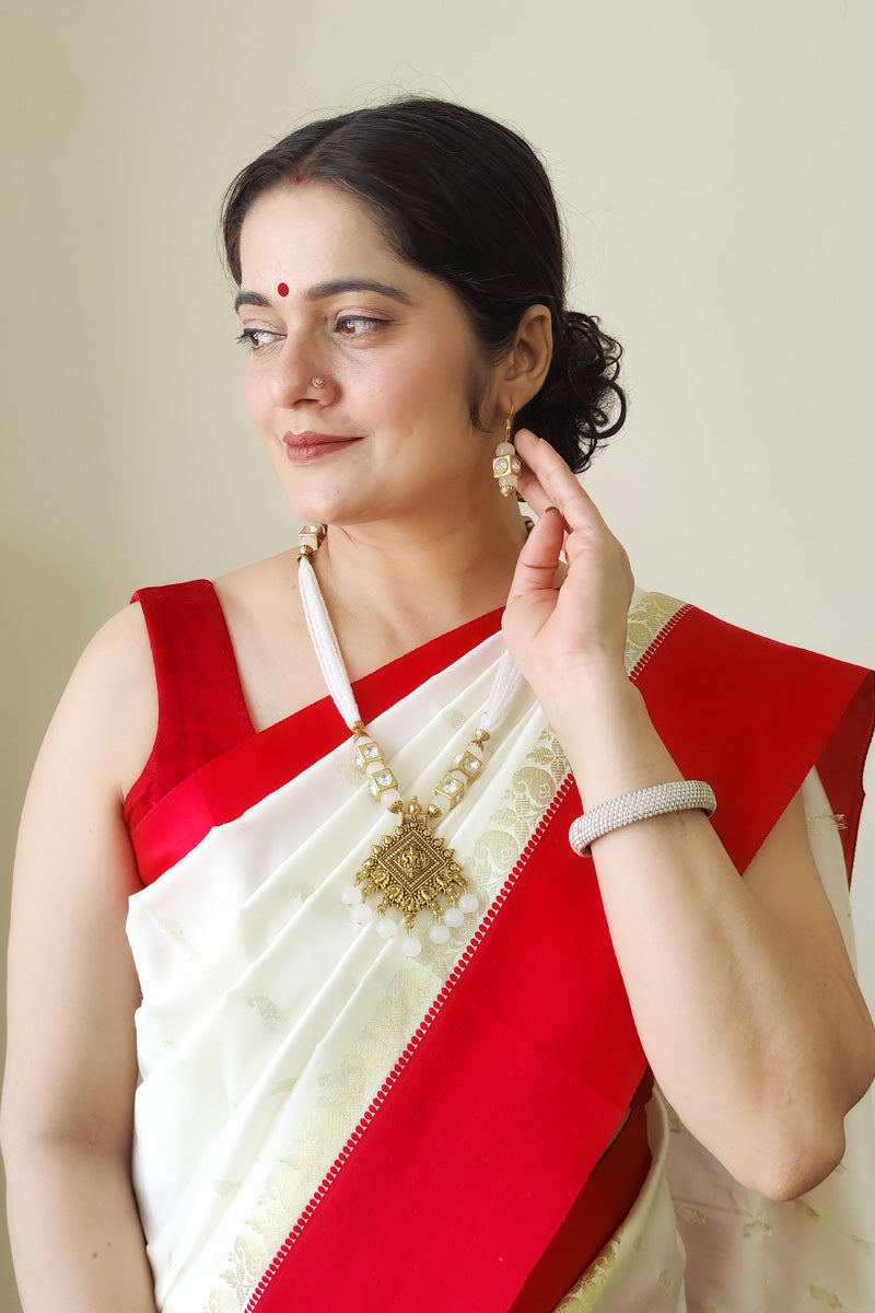 Fabnuma Handcrafted White Neckpiece Golden Oxidise Plated Pendant-Dangle Earrings - Fabnuma